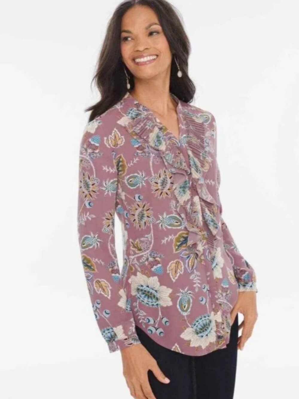 Chicos Size 3 Womens 16 XL Jacobean Bouquet Pleated Ruffle Blouse Floral Mauve